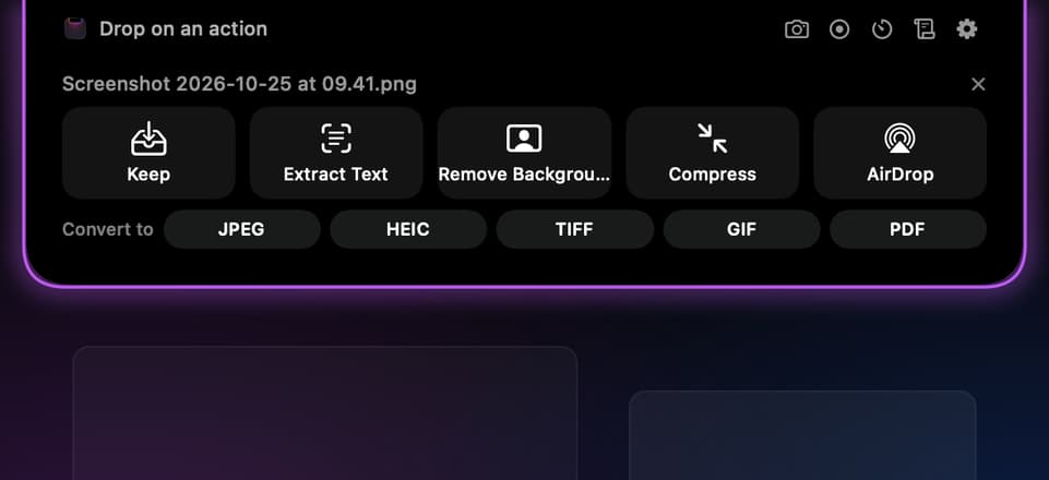 A screenshot dropped on the notch, with actions to keep it, extract text, remove the background, compress, AirDrop or convert it
