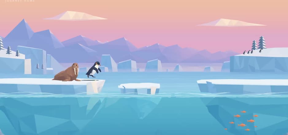 Ping Win gameplay: a penguin sliding past icebergs